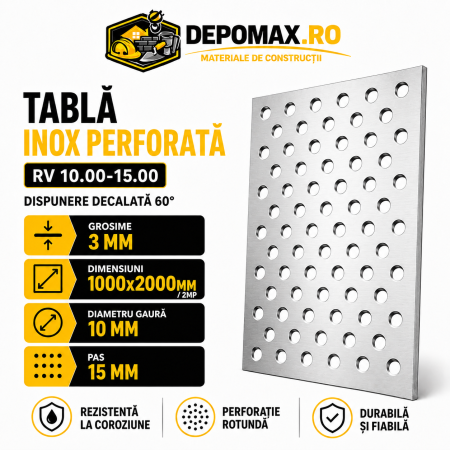 Tabla inox perforata AISI 304 RV 10.00-15.00, 3 x 1000 x 2000 mm, 2 mp